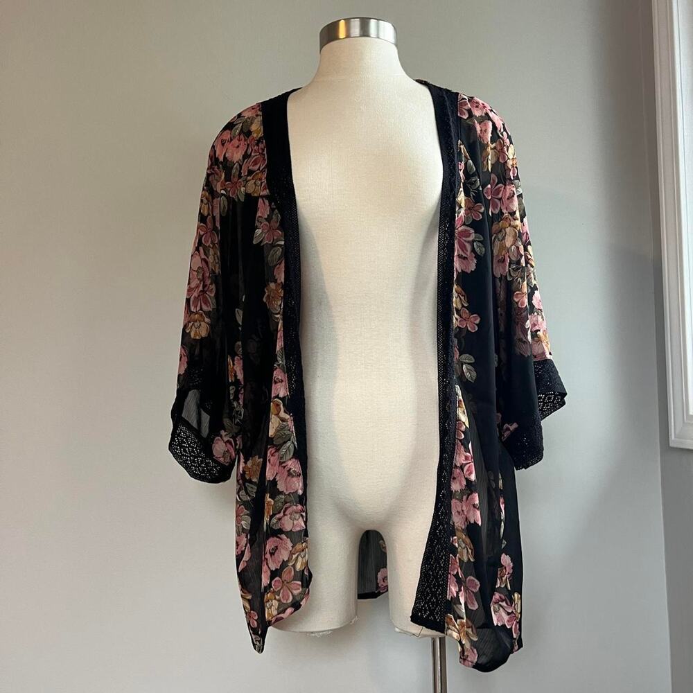 Black and pink floral kimono with lace crochet trim and sheer sleeves